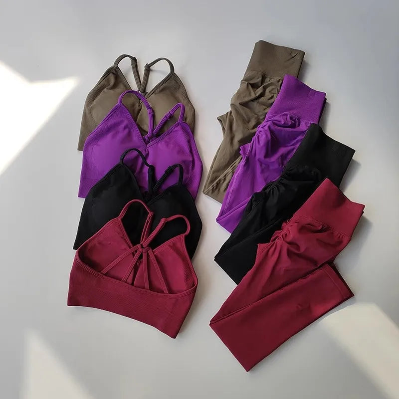 Set Women High Waist Scrunch Leggings V Neck Sports - KNIT