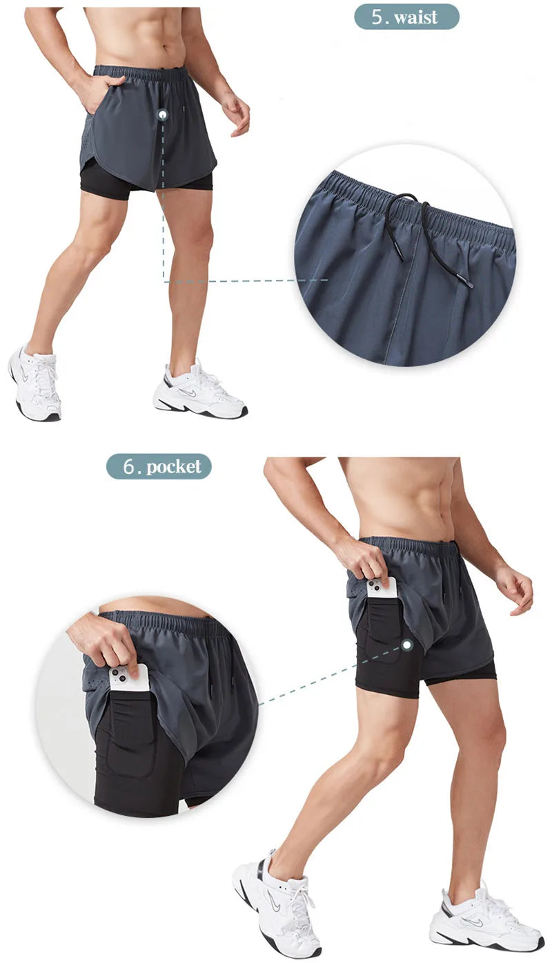 Men's Running Shorts Quick-drying Fitness Black Double Layer Shorts Men Bodybuilding