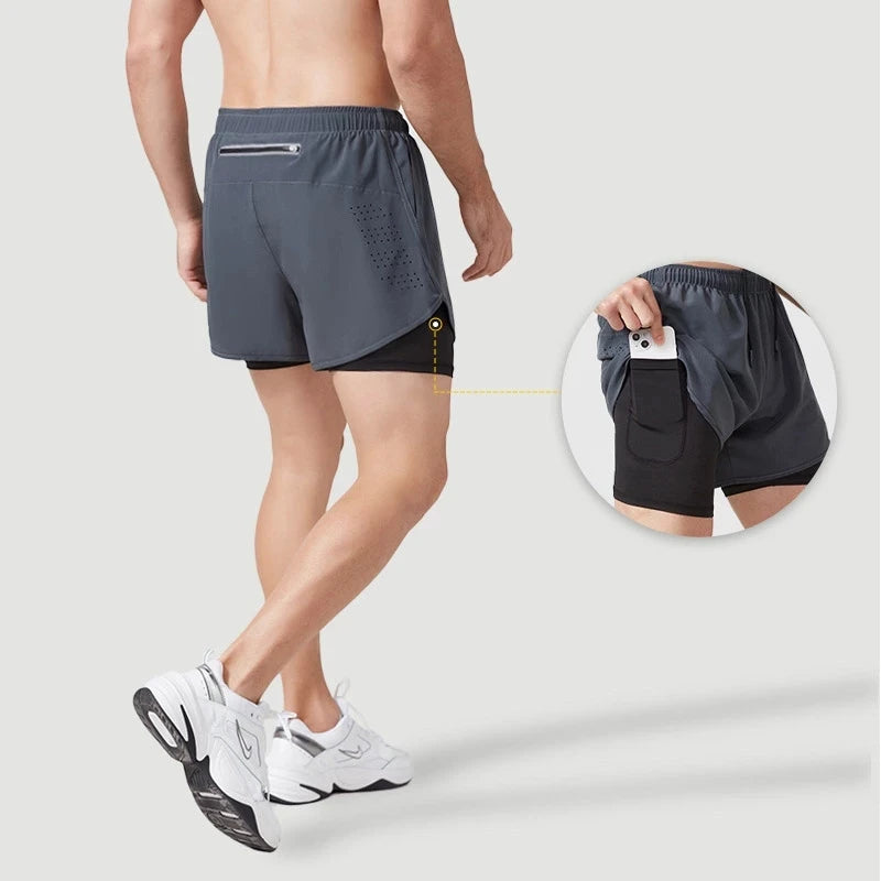 Men's Running Shorts Quick-drying Fitness Black Double Layer Shorts Men Bodybuilding