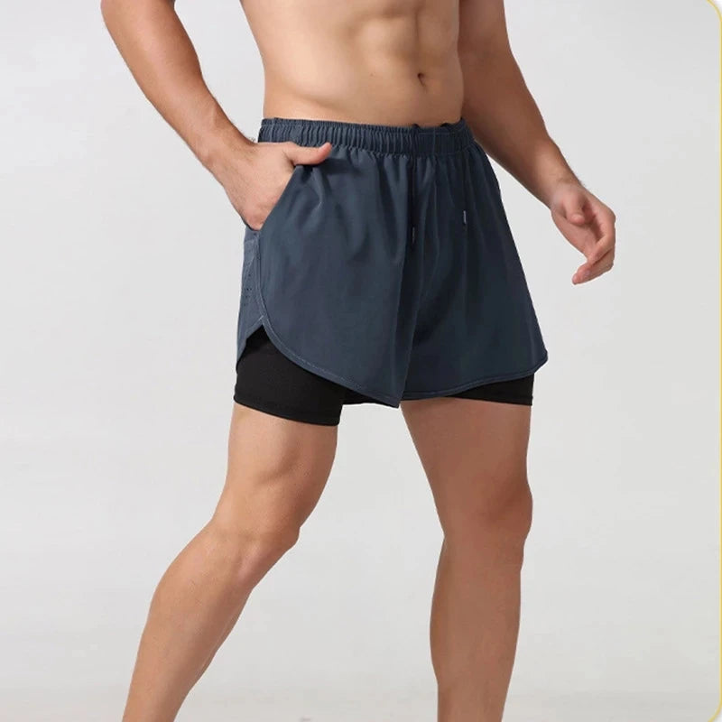Men's Running Shorts Quick-drying Fitness Black Double Layer Shorts Men Bodybuilding