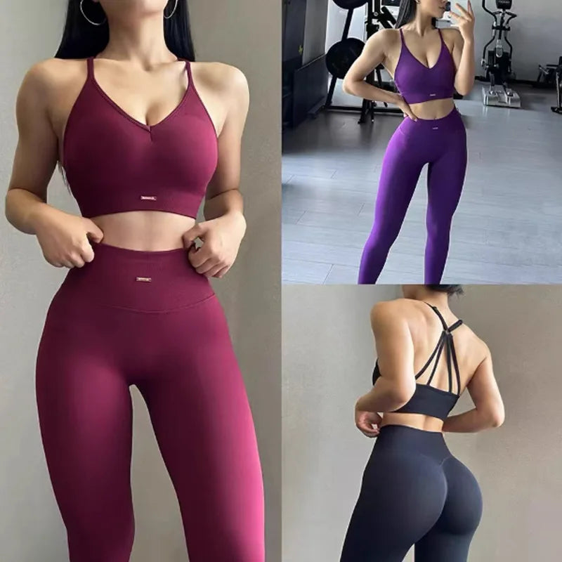 Set Women High Waist Scrunch Leggings V Neck Sports - KNIT