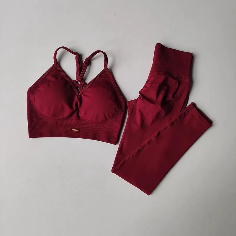 Set Women High Waist Scrunch Leggings V Neck Sports - KNIT