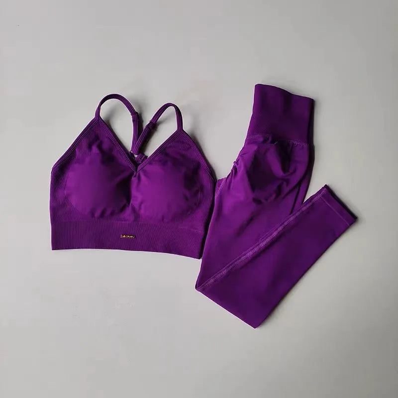 Set Women High Waist Scrunch Leggings V Neck Sports - KNIT