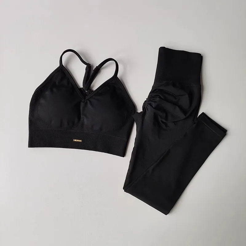 Set Women High Waist Scrunch Leggings V Neck Sports - KNIT